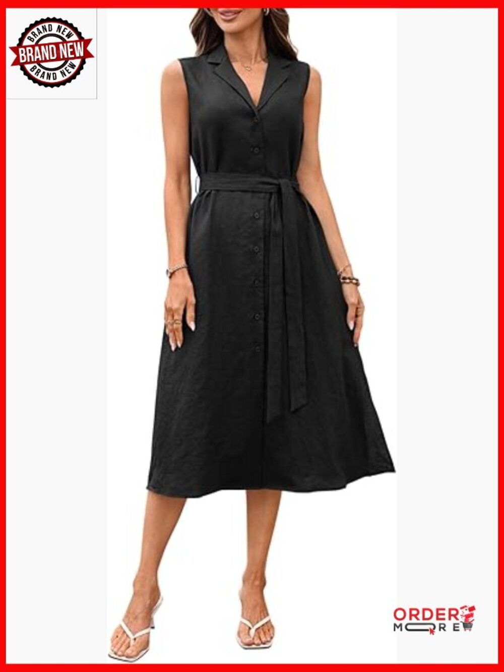 Linen Midi Dress Blazer V Neck Sleeveless Button Down Shirt with Belt